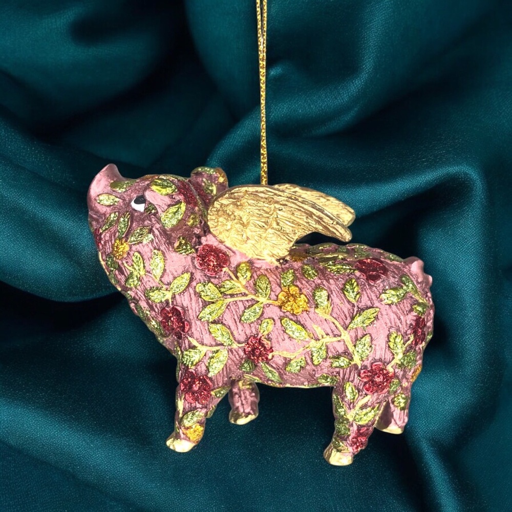 Fairy Pig with Wings Flying Glittery Christmas Ornament Pink Hand Painted Gift